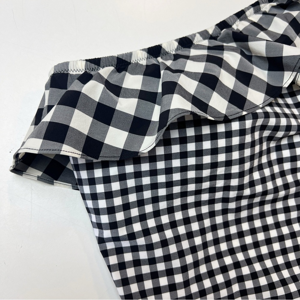 ✖️SOLD✖️•J.CREW•Black White Mixed Gingham One Shoulder Ruffle One Piece Swim - Picture 6 of 12